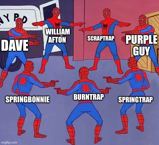 So. Confusing. | SCRAPTRAP; WILLIAM AFTON; PURPLE GUY; DAVE; SPRINGTRAP; BURNTRAP; SPRINGBONNIE | image tagged in same spider man 7 | made w/ Imgflip meme maker