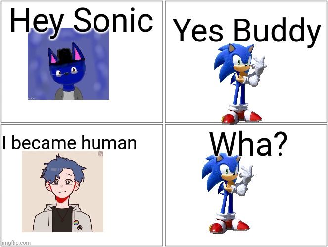 Blank Comic Panel 2x2 Meme | Hey Sonic; Yes Buddy; Wha? I became human | image tagged in memes,blank comic panel 2x2,sonic | made w/ Imgflip meme maker