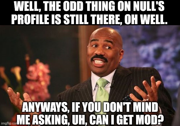 Steve Harvey Meme | WELL, THE ODD THING ON NULL'S PROFILE IS STILL THERE, OH WELL. ANYWAYS, IF YOU DON'T MIND ME ASKING, UH, CAN I GET MOD? | image tagged in memes,steve harvey | made w/ Imgflip meme maker