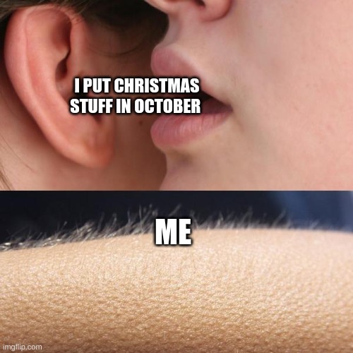 Whisper and Goosebumps | I PUT CHRISTMAS STUFF IN OCTOBER; ME | image tagged in whisper and goosebumps | made w/ Imgflip meme maker