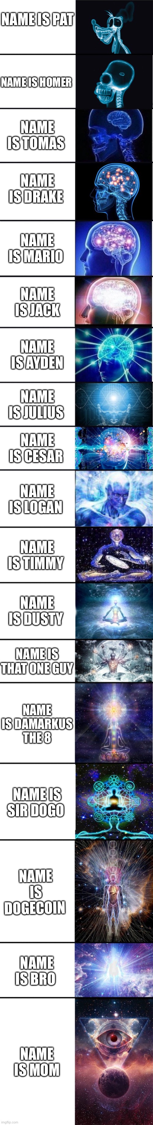 expanding brain: 9001 | NAME IS PAT; NAME IS HOMER; NAME IS TOMAS; NAME IS DRAKE; NAME IS MARIO; NAME IS JACK; NAME IS AYDEN; NAME IS JULIUS; NAME IS CESAR; NAME IS LOGAN; NAME IS TIMMY; NAME IS DUSTY; NAME IS THAT ONE GUY; NAME IS DAMARKUS THE 8; NAME IS SIR DOGO; NAME IS DOGECOIN; NAME IS BRO; NAME IS MOM | image tagged in expanding brain 9001,true,funny,funny memes,name,dogecoin | made w/ Imgflip meme maker