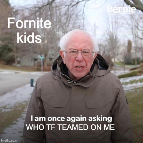 WHO TF TEAMED | Fornite kids; WHO TF TEAMED ON ME | image tagged in memes,bernie i am once again asking for your support | made w/ Imgflip meme maker