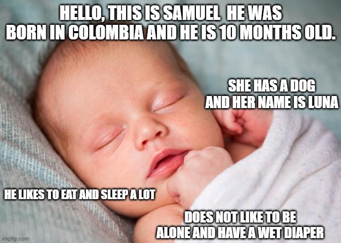 samuel | HELLO, THIS IS SAMUEL  HE WAS BORN IN COLOMBIA AND HE IS 10 MONTHS OLD. SHE HAS A DOG AND HER NAME IS LUNA; HE LIKES TO EAT AND SLEEP A LOT; DOES NOT LIKE TO BE ALONE AND HAVE A WET DIAPER | image tagged in bebe_recien_nacido | made w/ Imgflip meme maker