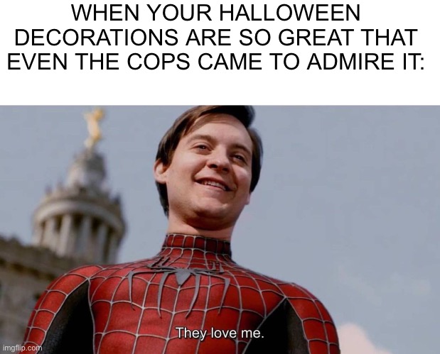 Regular memes #12 (something for spooky month, special credit to the internet) | WHEN YOUR HALLOWEEN DECORATIONS ARE SO GREAT THAT EVEN THE COPS CAME TO ADMIRE IT: | image tagged in they love me,spooky month,halloween,memes,funny,spooktober | made w/ Imgflip meme maker