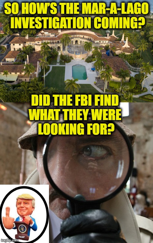 Without a Clue |  SO HOW’S THE MAR-A-LAGO
 INVESTIGATION COMING? DID THE FBI FIND
WHAT THEY WERE
 LOOKING FOR? | image tagged in president trump | made w/ Imgflip meme maker