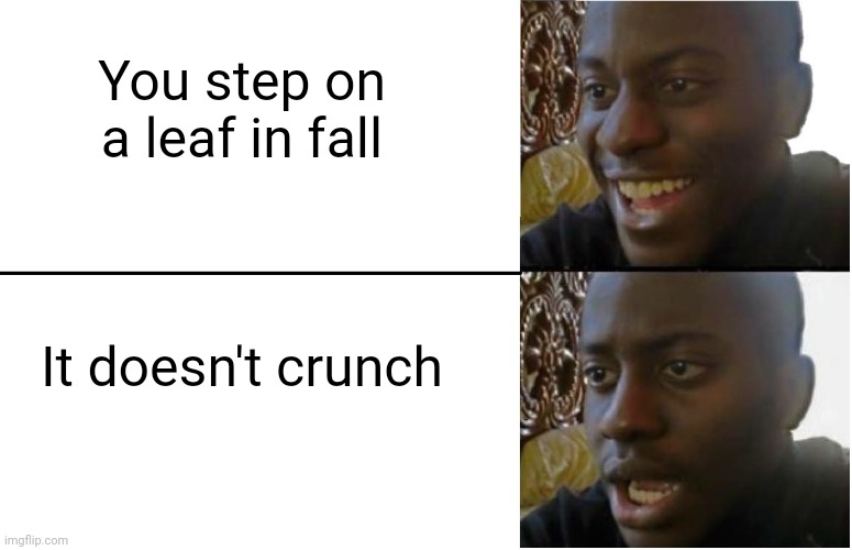 This so disappointing | You step on a leaf in fall; It doesn't crunch | image tagged in disappointed black guy | made w/ Imgflip meme maker