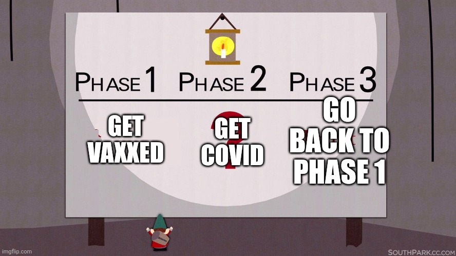 Modern Medicine | GET COVID; GET VAXXED; GO BACK TO PHASE 1 | image tagged in south park underpants gnomes | made w/ Imgflip meme maker