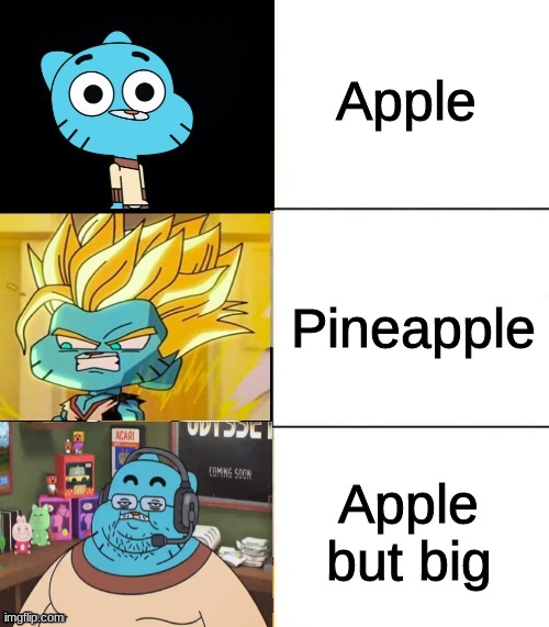 Best,Better, Blurst but with gumball | Apple; Pineapple; Apple but big | image tagged in best better blurst but with gumball,memes,dank memes | made w/ Imgflip meme maker