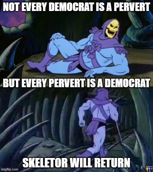 skel | NOT EVERY DEMOCRAT IS A PERVERT; BUT EVERY PERVERT IS A DEMOCRAT; SKELETOR WILL RETURN | image tagged in skeletor disturbing facts | made w/ Imgflip meme maker
