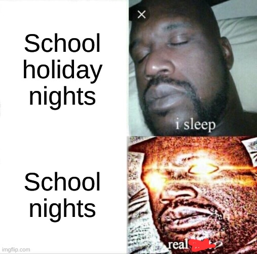 Sleeping Shaq | School holiday nights; School nights | image tagged in memes,sleeping shaq | made w/ Imgflip meme maker