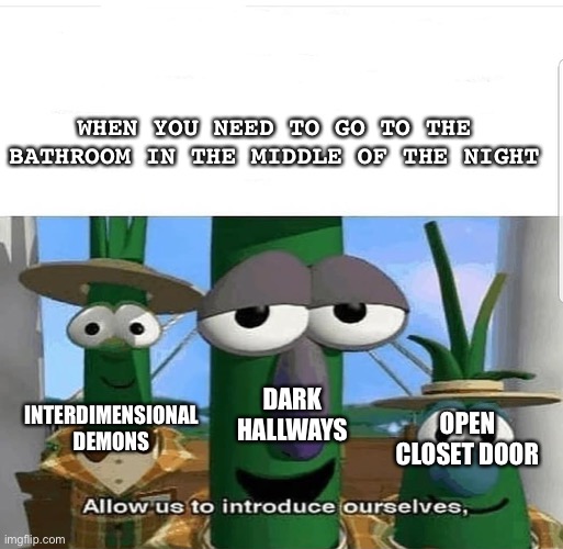 True doe | WHEN YOU NEED TO GO TO THE BATHROOM IN THE MIDDLE OF THE NIGHT; DARK HALLWAYS; INTERDIMENSIONAL DEMONS; OPEN CLOSET DOOR | image tagged in allow us to introduce ourselves | made w/ Imgflip meme maker