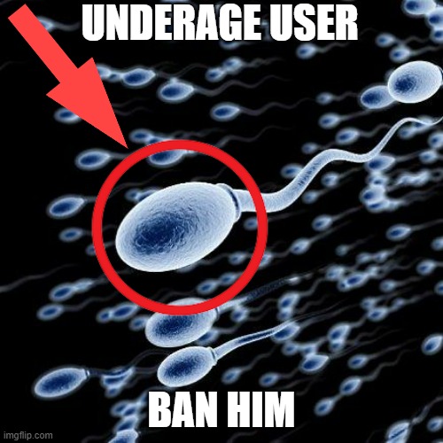spermatozoon | UNDERAGE USER; BAN HIM | image tagged in spermatozoon | made w/ Imgflip meme maker