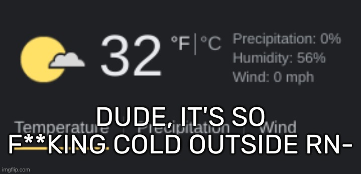 [And yes, that's how the temperature is at night where I live-] | DUDE, IT'S SO F**KING COLD OUTSIDE RN- | image tagged in idk,stuff,s o u p,carck | made w/ Imgflip meme maker