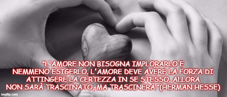 “L'AMORE NON BISOGNA IMPLORARLO E NEMMENO ESIGERLO. L'AMORE DEVE AVERE LA FORZA DI ATTINGERE LA CERTEZZA IN SE STESSO. ALLORA NON SARÀ TRASCINATO, MA TRASCINERÀ.”(HERMAN HESSE) | made w/ Imgflip meme maker