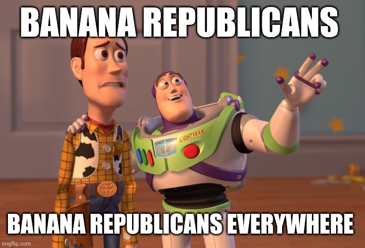 Sorry not sorry | BANANA REPUBLICANS; BANANA REPUBLICANS EVERYWHERE | image tagged in memes,x x everywhere | made w/ Imgflip meme maker