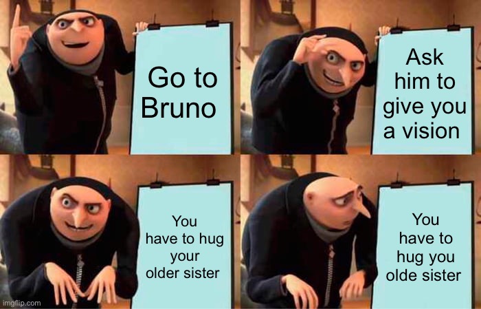 Gru's Plan | Go to Bruno; Ask him to give you a vision; You have to hug your older sister; You have to hug you olde sister | image tagged in memes,gru's plan | made w/ Imgflip meme maker