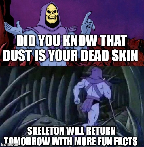 Fun fact #1 | DID YOU KNOW THAT DUST IS YOUR DEAD SKIN; SKELETON WILL RETURN TOMORROW WITH MORE FUN FACTS | image tagged in he man skeleton advices,fun,facts,fun fact,dust,skin | made w/ Imgflip meme maker
