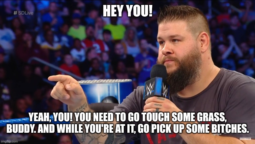 Hey you, by Kevin Owens | HEY YOU! YEAH, YOU! YOU NEED TO GO TOUCH SOME GRASS, BUDDY. AND WHILE YOU'RE AT IT, GO PICK UP SOME BITCHES. | image tagged in hey you by kevin owens | made w/ Imgflip meme maker