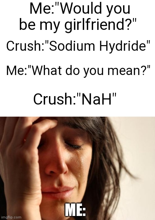 ;) | Me:"Would you be my girlfriend?"; Crush:"Sodium Hydride"; Me:"What do you mean?"; Crush:"NaH"; ME: | image tagged in blank white template,memes,first world problems,funny,school,fun | made w/ Imgflip meme maker