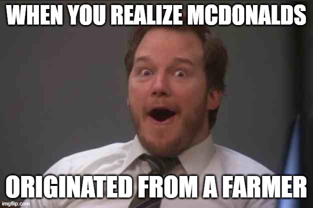 one thing i found out | WHEN YOU REALIZE MCDONALDS; ORIGINATED FROM A FARMER | image tagged in that face you make when you realize star wars 7 is one week away,memes,memes overload | made w/ Imgflip meme maker