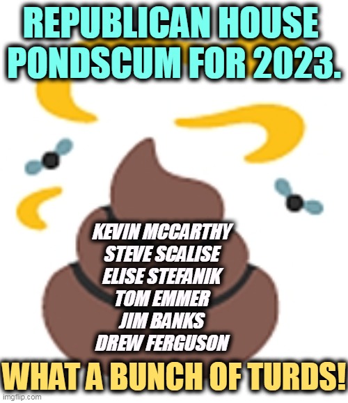 REPUBLICAN HOUSE 
PONDSCUM FOR 2023. KEVIN MCCARTHY
STEVE SCALISE
ELISE STEFANIK
TOM EMMER
JIM BANKS
DREW FERGUSON; WHAT A BUNCH OF TURDS! | image tagged in republican,house,disgusting | made w/ Imgflip meme maker