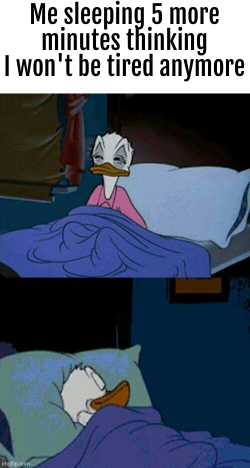 Me: | Me sleeping 5 more minutes thinking I won't be tired anymore | image tagged in sleepy donald duck in bed | made w/ Imgflip meme maker