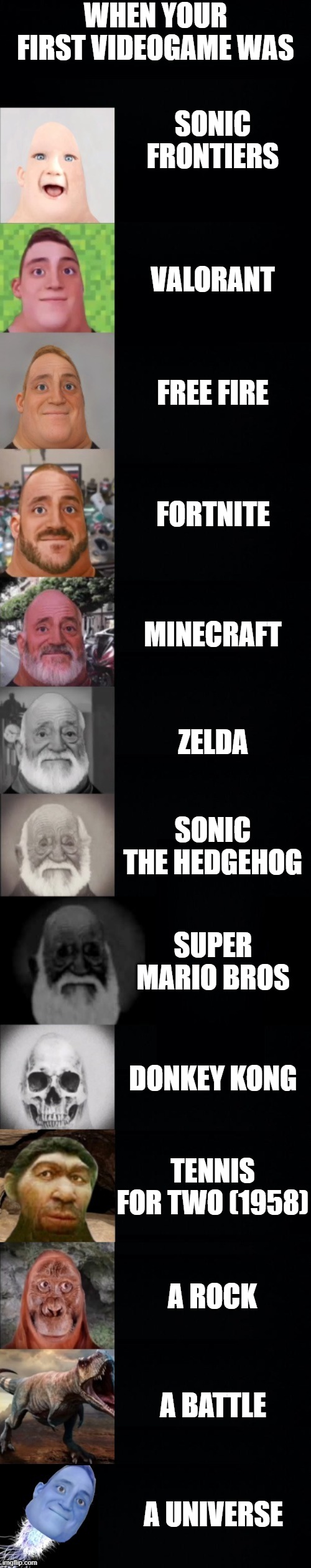 When your first videogame was... | WHEN YOUR FIRST VIDEOGAME WAS; SONIC FRONTIERS; VALORANT; FREE FIRE; FORTNITE; MINECRAFT; ZELDA; SONIC THE HEDGEHOG; SUPER MARIO BROS; DONKEY KONG; TENNIS FOR TWO (1958); A ROCK; A BATTLE; A UNIVERSE | image tagged in mr incredible becoming older fixed | made w/ Imgflip meme maker