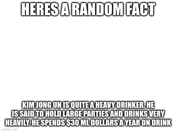 google this, its actually true | HERES A RANDOM FACT; KIM JONG UN IS QUITE A HEAVY DRINKER. HE IS SAID TO HOLD LARGE PARTIES AND DRINKS VERY HEAVILY. HE SPENDS $30 ML DOLLARS A YEAR ON DRINK | image tagged in blank white template | made w/ Imgflip meme maker
