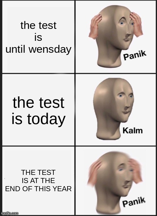 true story rn | the test is until wensday; the test is today; THE TEST IS AT THE END OF THIS YEAR | image tagged in memes,panik kalm panik | made w/ Imgflip meme maker