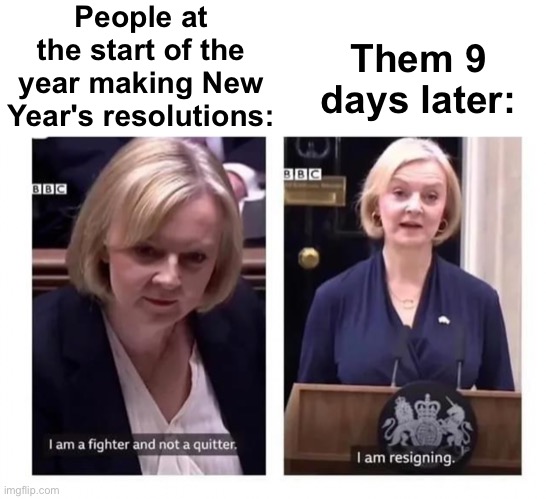 stick with your resolutions people! | People at the start of the year making New Year's resolutions:; Them 9 days later: | image tagged in memes,unfunny,trust me i have 15 iq | made w/ Imgflip meme maker
