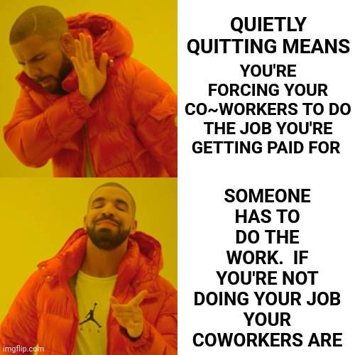 Don't Be A Dick | SOMEONE HAS TO DO THE WORK.  IF YOU'RE NOT DOING YOUR JOB
YOUR COWORKERS ARE; QUIETLY QUITTING MEANS; YOU'RE FORCING YOUR CO~WORKERS TO DO THE JOB YOU'RE GETTING PAID FOR | image tagged in memes,drake hotline bling,selfishness,quit,employment,don't be a dick | made w/ Imgflip meme maker
