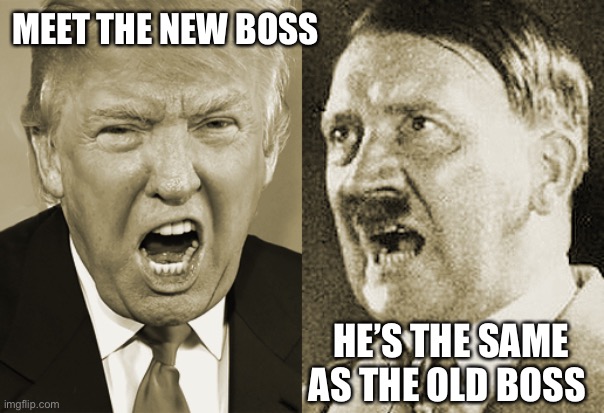 Trump Hitler  | MEET THE NEW BOSS HE’S THE SAME AS THE OLD BOSS | image tagged in trump hitler | made w/ Imgflip meme maker
