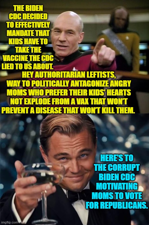 It's as if these leftists WANT to lose. | THE BIDEN CDC DECIDED TO EFFECTIVELY MANDATE THAT KIDS HAVE TO TAKE THE VACCINE THE CDC LIED TO US ABOUT. HEY AUTHORITARIAN LEFTISTS, WAY TO POLITICALLY ANTAGONIZE ANGRY MOMS WHO PREFER THEIR KIDS’ HEARTS NOT EXPLODE FROM A VAX THAT WON’T PREVENT A DISEASE THAT WON’T KILL THEM. HERE'S TO THE CORRUPT BIDEN CDC MOTIVATING MOMS TO VOTE FOR REPUBLICANS. | image tagged in picard | made w/ Imgflip meme maker