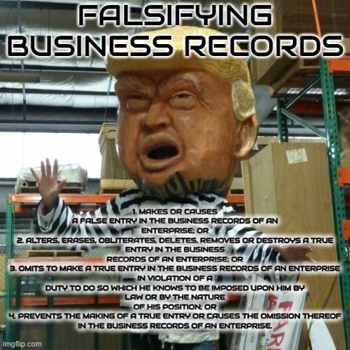FALSIFYING BUSINESS RECORDS | FALSIFYING BUSINESS RECORDS; 1. MAKES OR CAUSES A FALSE ENTRY IN THE BUSINESS RECORDS OF AN
ENTERPRISE; OR
2. ALTERS, ERASES, OBLITERATES, DELETES, REMOVES OR DESTROYS A TRUE
ENTRY IN THE BUSINESS RECORDS OF AN ENTERPRISE; OR
3. OMITS TO MAKE A TRUE ENTRY IN THE BUSINESS RECORDS OF AN ENTERPRISE
IN VIOLATION OF A DUTY TO DO SO WHICH HE KNOWS TO BE IMPOSED UPON HIM BY
LAW OR BY THE NATURE OF HIS POSITION; OR
4. PREVENTS THE MAKING OF A TRUE ENTRY OR CAUSES THE OMISSION THEREOF
IN THE BUSINESS RECORDS OF AN ENTERPRISE. | image tagged in falsifying business records,alter,erase,destroy,false entry,crime | made w/ Imgflip meme maker