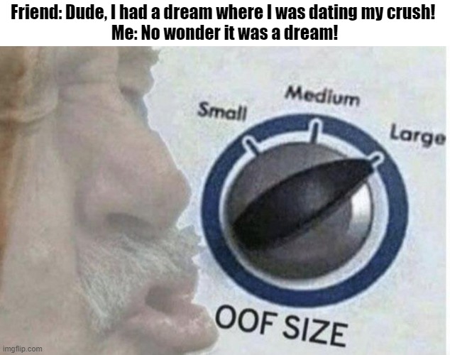 Let me come back to this dream. | Friend: Dude, I had a dream where I was dating my crush! 
Me: No wonder it was a dream! | image tagged in oof size large,roast,tyrannosaurus rekt,roasts | made w/ Imgflip meme maker