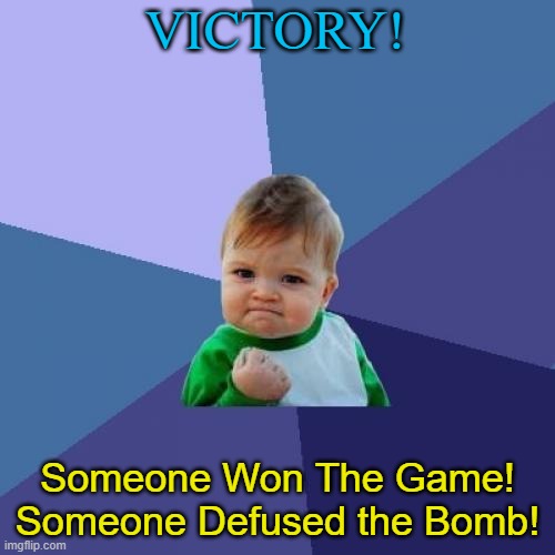 victory | VICTORY! Someone Won The Game! Someone Defused the Bomb! | image tagged in memes,success kid | made w/ Imgflip meme maker