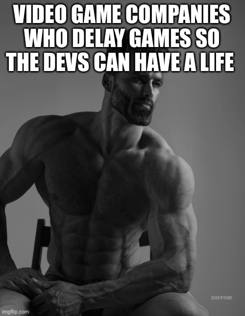 Giga Chad | VIDEO GAME COMPANIES WHO DELAY GAMES SO THE DEVS CAN HAVE A LIFE | image tagged in giga chad | made w/ Imgflip meme maker