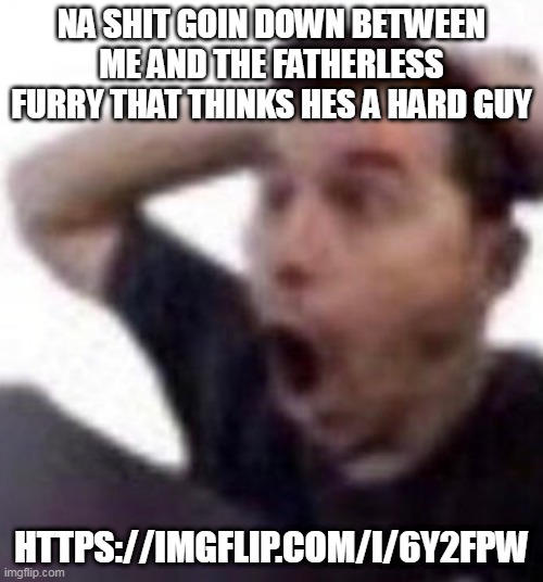 comments disabled now nvm | NA SHIT GOIN DOWN BETWEEN ME AND THE FATHERLESS FURRY THAT THINKS HES A HARD GUY; HTTPS://IMGFLIP.COM/I/6Y2FPW | image tagged in omfg | made w/ Imgflip meme maker