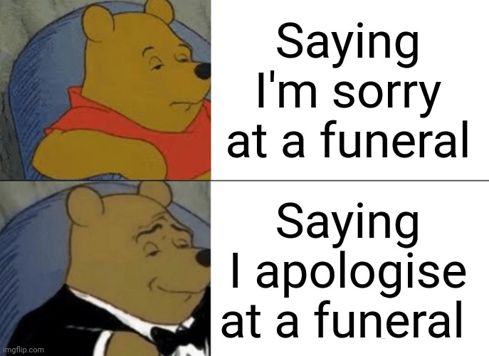 Tuxedo Winnie The Pooh Meme | Saying I'm sorry at a funeral; Saying I apologise at a funeral | image tagged in memes,tuxedo winnie the pooh | made w/ Imgflip meme maker