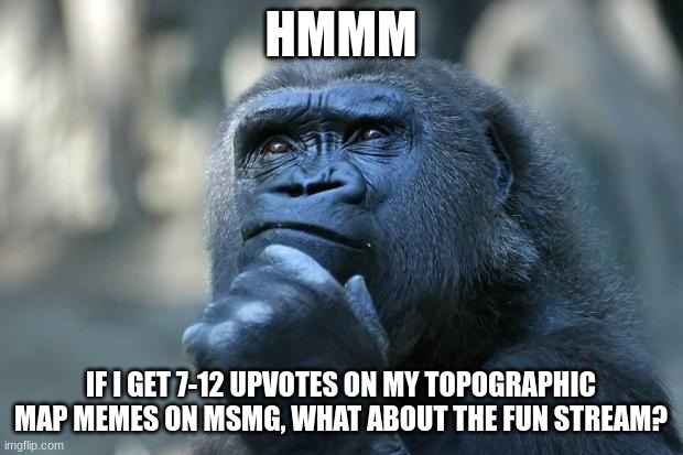 They always like unfunny material | HMMM; IF I GET 7-12 UPVOTES ON MY TOPOGRAPHIC MAP MEMES ON MSMG, WHAT ABOUT THE FUN STREAM? | image tagged in deep thoughts | made w/ Imgflip meme maker