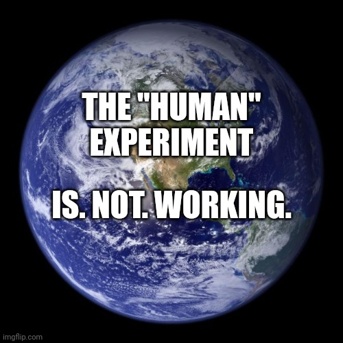 The "Human" Experiment | THE "HUMAN" EXPERIMENT; IS. NOT. WORKING. | image tagged in earth,memes,humans,failed experiment,humans are too stupid to survive,humans are too selfish to survive | made w/ Imgflip meme maker
