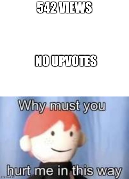 542 VIEWS NO UPVOTES | image tagged in blank white template,why must you hurt me in this way | made w/ Imgflip meme maker