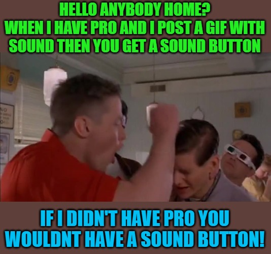 HELLO ANYBODY HOME?
WHEN I HAVE PRO AND I POST A GIF WITH SOUND THEN YOU GET A SOUND BUTTON IF I DIDN'T HAVE PRO YOU WOULDNT HAVE A SOUND BU | made w/ Imgflip meme maker