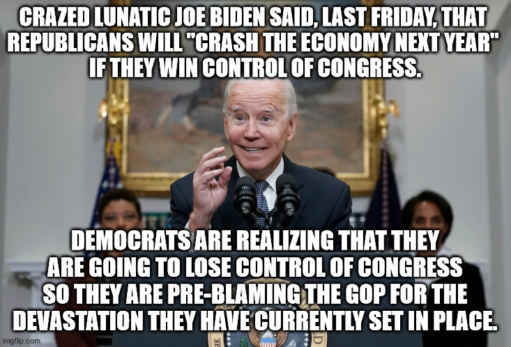 The Democrats got power with the sole purpose of collapsing the economy.  This is what Build Back Better looks like. | CRAZED LUNATIC JOE BIDEN SAID, LAST FRIDAY, THAT 
REPUBLICANS WILL "CRASH THE ECONOMY NEXT YEAR" 
IF THEY WIN CONTROL OF CONGRESS. DEMOCRATS ARE REALIZING THAT THEY ARE GOING TO LOSE CONTROL OF CONGRESS SO THEY ARE PRE-BLAMING THE GOP FOR THE DEVASTATION THEY HAVE CURRENTLY SET IN PLACE. | image tagged in economic collapse,build back worse,world economic forum,great reset | made w/ Imgflip meme maker