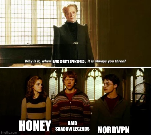 Always you three | A VIDEO GETS SPONSORED; NORDVPN; HONEY; RAID SHADOW LEGENDS | image tagged in always you three,honey,raid shadow legends,ads,youtube,video | made w/ Imgflip meme maker
