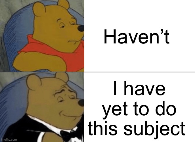 POV:an essay | Haven’t; I have yet to do this subject | image tagged in memes,tuxedo winnie the pooh | made w/ Imgflip meme maker