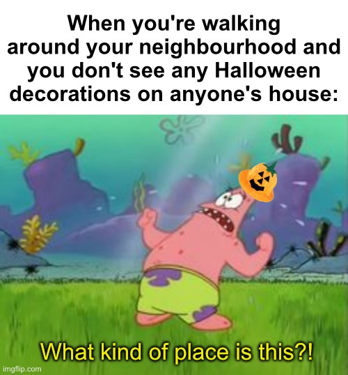 I've moved to the wrong neighbourhood... | When you're walking around your neighbourhood and you don't see any Halloween decorations on anyone's house:; What kind of place is this?! | image tagged in what kind of place is this,memes,unfunny | made w/ Imgflip meme maker