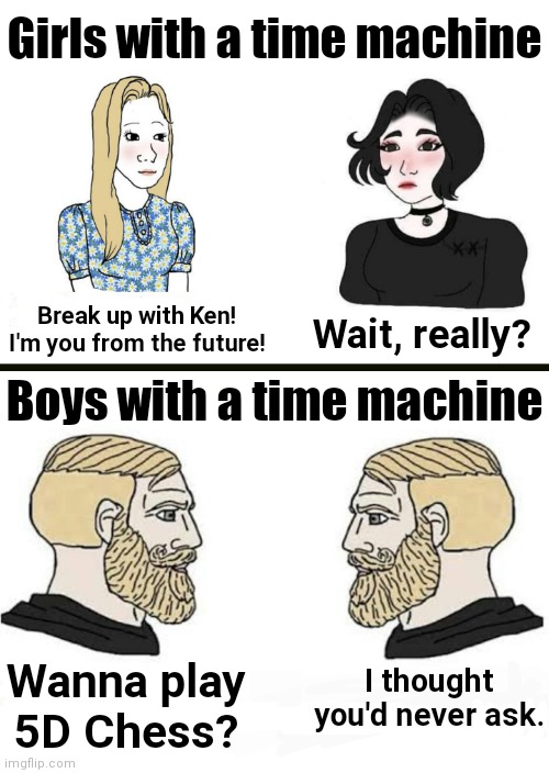 :) | Girls with a time machine; Wait, really? Break up with Ken! I'm you from the future! Boys with a time machine; I thought you'd never ask. Wanna play 5D Chess? | image tagged in girls vs boys,boys vs girls,men with a time machine,time machine,5d chess,chess | made w/ Imgflip meme maker