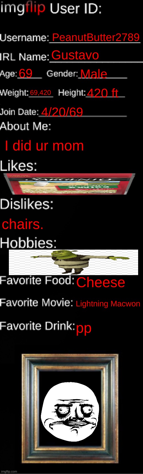 This is me | PeanutButter2789; Gustavo; 69; Male; 69,420; 420 ft; 4/20/69; I did ur mom; chairs. Cheese; Lightning Macwon; pp | image tagged in imgflip id card | made w/ Imgflip meme maker