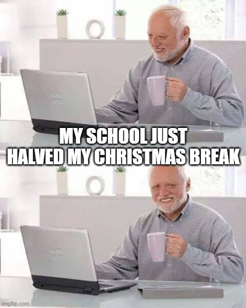 The teachers voted for this schedule too | MY SCHOOL JUST HALVED MY CHRISTMAS BREAK | image tagged in memes,hide the pain harold | made w/ Imgflip meme maker